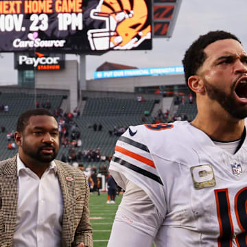 Nov 2, 2025; Cincinnati, Ohio, USA; Chicago Bears quarterback Caleb Williams (18) reacts as he walks off the field after defeating the Cincinnati Bengals in the fourth quarter at Paycor Stadium. 