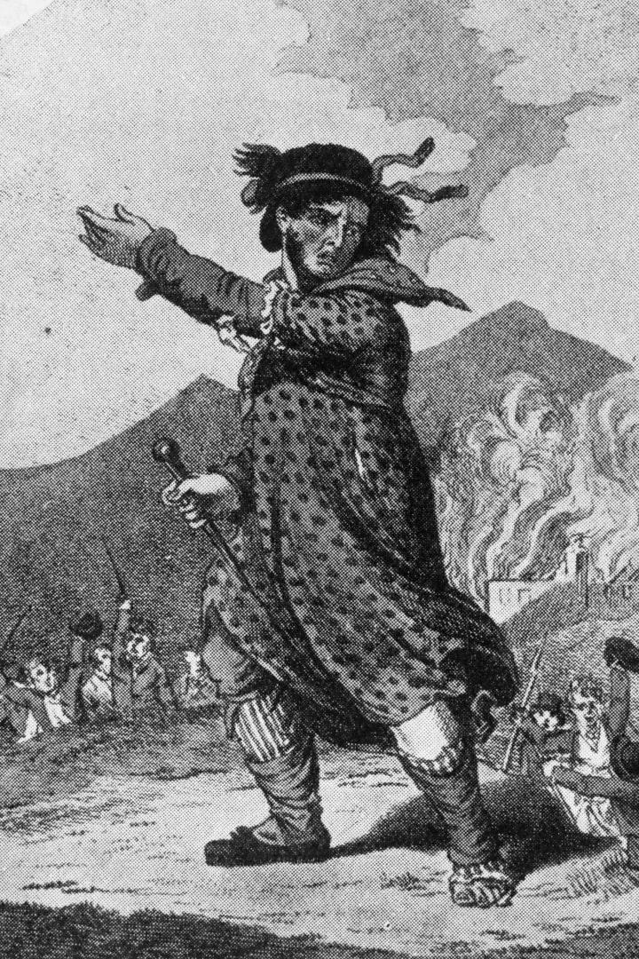 Cartoon of Luddite dressed as "Mrs. Ludd". 