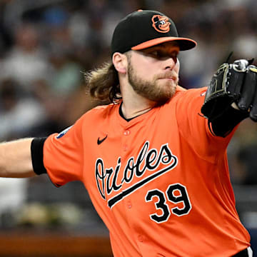 Aug 10, 2024; St. Petersburg, Florida, USA; Baltimore Orioles starting pitcher Corbin Burnes (39) throws a pitch in the first inning against the Tampa Bay Rays at Tropicana Field. Mandatory Credit: Jonathan Dyer-Imagn Images