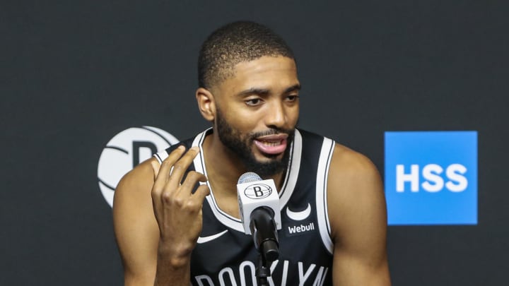 Oct 2, 2023; Brooklyn, NY, USA; Brooklyn Nets forward Mikal Bridges (1) at Brooklyn Nets Media Day. Mandatory Credit: Wendell Cruz-USA TODAY Sports