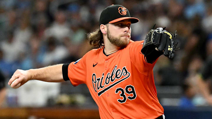 Aug 10, 2024; St. Petersburg, Florida, USA; Baltimore Orioles starting pitcher Corbin Burnes (39) throws a pitch in the first inning against the Tampa Bay Rays at Tropicana Field. Mandatory Credit: Jonathan Dyer-Imagn Images