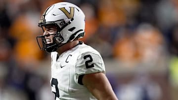 Vanderbilt quarterback Diego Pavia (2) celebrates after scoring a touchdown against Tennessee during the fourth quarter at Neyland Stadium in Knoxville, Tenn., Saturday, Nov. 29, 2025.