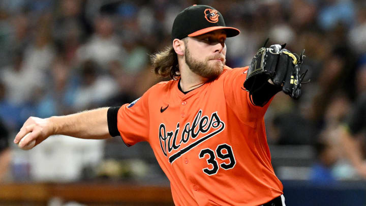 Aug 10, 2024; St. Petersburg, Florida, USA; Baltimore Orioles starting pitcher Corbin Burnes (39) throws a pitch in the first inning against the Tampa Bay Rays at Tropicana Field.