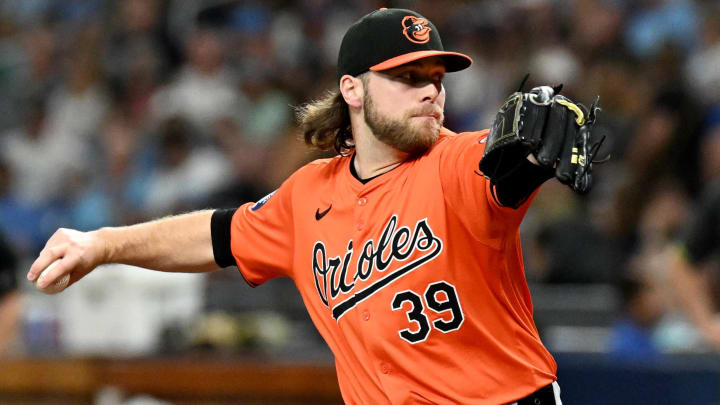 Aug 10, 2024; St. Petersburg, Florida, USA; Baltimore Orioles starting pitcher Corbin Burnes (39) throws a pitch in the first inning against the Tampa Bay Rays at Tropicana Field.