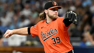 Aug 10, 2024; St. Petersburg, Florida, USA; Baltimore Orioles starting pitcher Corbin Burnes (39) throws a pitch in the first inning against the Tampa Bay Rays at Tropicana Field. Mandatory Credit: Jonathan Dyer-USA TODAY Sports