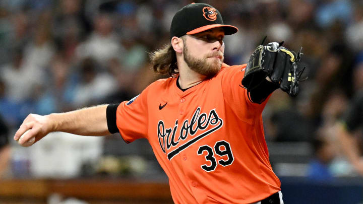 Aug 10, 2024; St. Petersburg, Florida, USA; Baltimore Orioles starting pitcher Corbin Burnes (39) throws a pitch in the first inning against the Tampa Bay Rays at Tropicana Field. Mandatory Credit: Jonathan Dyer-USA TODAY Sports