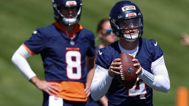 May 23, 2024; Englewood, CO, USA; Denver Broncos quarterback Zach Wilson (4) during organized team activities at Centura Heal