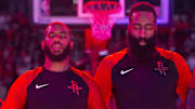 Mar 22, 2019; Houston, TX, USA; Houston Rockets guard Chris Paul (left) and guard James Harden (right) stand for the National Anthem before playing against the San Antonio Spurs in the first quarter at Toyota Center. Mandatory Credit: Thomas B. Shea-Imagn Images