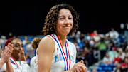Lubbock Monterey guard Aaliyah Chavez celebrates the team's Division 2 State Championship victory.