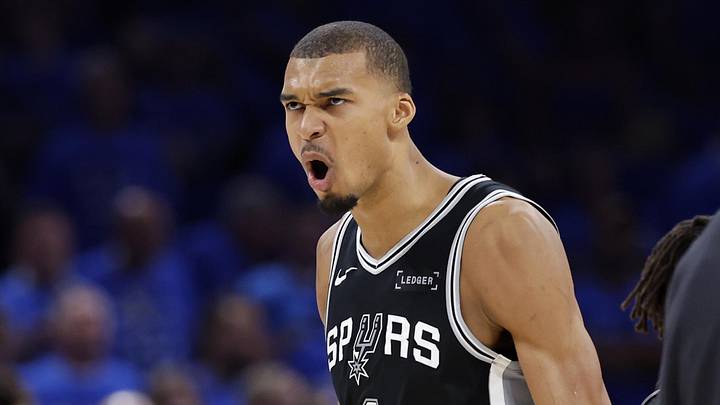 May 30, 2026; Oklahoma City, Oklahoma, USA; San Antonio Spurs forward Victor Wembanyama (1) reacts in the fourth quarter against the Oklahoma City Thunder during game seven of the western conference finals for the 2026 NBA playoffs at Paycom Center. Mandatory Credit: Alonzo Adams-Imagn Images