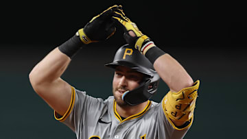 Aug 19, 2024; Arlington, Texas, USA; Pittsburgh Pirates third baseman Jared Triolo (19) reacts as he rounds the bases after hitting a three-run home run against the Texas Rangers in the fourth inning at Globe Life Field. Mandatory Credit: Tim Heitman-USA TODAY Sports