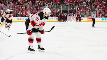 New Jersey Devils defenseman Jonas Siegenthaler looks on after the loss to the Carolina Hurricanes.