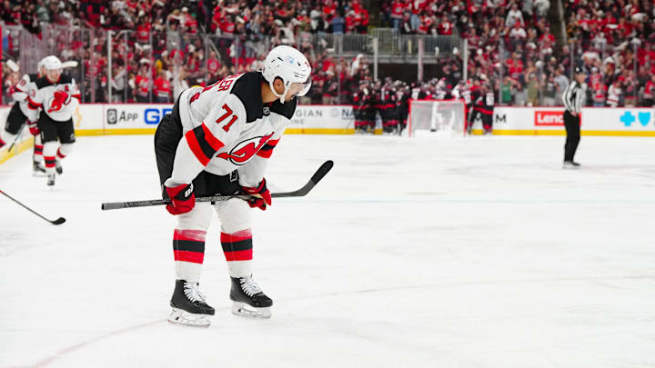 New Jersey Devils defenseman Jonas Siegenthaler looks on after the loss to the Carolina Hurricanes.