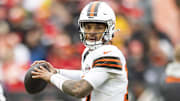 Dec 15, 2024; Cleveland, Ohio, USA; Cleveland Browns quarterback Dorian Thompson-Robinson (17) throws the ball during warm ups before the game against the Kansas City Chiefs at Huntington Bank Field. Mandatory Credit: Scott Galvin-Imagn Images