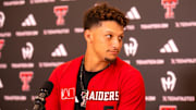 Texas Tech alum and Kansas City Chiefs quarterback Patrick Mahomes attends a press conference.