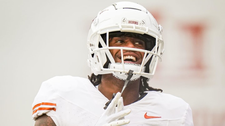 Texas White team wide receiver Isaiah Bond (7) celebrates scoring a touchdown in the fourth quarter of the Longhorns' spring Orange and White game at Darrell K Royal Texas Memorial Stadium in Austin, Texas, April 20, 2024.