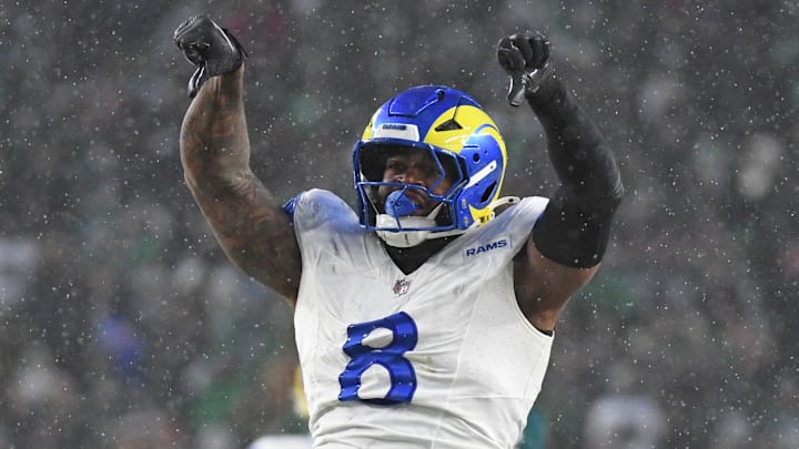 Jan 19, 2025; Philadelphia, Pennsylvania, USA; Los Angeles Rams linebacker Jared Verse (8) reacts after a play against the Philadelphia Eagles in a 2025 NFC divisional round game at Lincoln Financial Field. Mandatory Credit: Eric Hartline-Imagn Images Jan 19, 2025; Philadelphia, Pennsylvania, USA; Los Angeles Rams linebacker Jared Verse (8) reacts after a play against the Philadelphia Eagles in a 2025 NFC divisional round game at Lincoln Financial Field. Mandatory Credit: Eric Hartline-Imagn Images