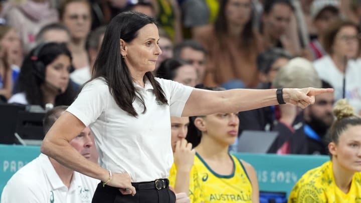 Aug 4, 2024; Villeneuve-d'Ascq, France; Australia head coach Sandy Brondello looks on in the first half against France in a women’s group B game during the Paris 2024 Olympic Summer Games at Stade Pierre-Mauroy. Mandatory Credit: John David Mercer-USA TODAY Sports