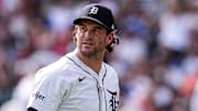Detroit Tigers pitcher Kyle Finnegan looks on after pitching eighth inning against Atlanta Braves at Comerica Park in Detroit on Saturday, Sept. 20, 2025.