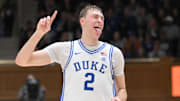 Feb 15, 2025; Durham, North Carolina, USA;  Duke Blue Devils forward Cooper Flagg (2) celebrating after scoring against the Stanford Cardinal during the second half at Cameron Indoor Stadium. Mandatory Credit: Zachary Taft-Imagn Images