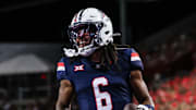 Aug 30, 2025; Tucson, Arizona, USA; Arizona Wildcats wide receiver Javin Whatley (6) reacts after running the ball right up to the edge of the end zone during the second quarter of the game against the Hawaii Rainbow Warriors at Arizona Stadium. Mandatory Credit: Aryanna Frank-Imagn Images