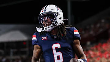 Aug 30, 2025; Tucson, Arizona, USA; Arizona Wildcats wide receiver Javin Whatley (6) reacts after running the ball right up to the edge of the end zone during the second quarter of the game against the Hawaii Rainbow Warriors at Arizona Stadium. Mandatory Credit: Aryanna Frank-Imagn Images