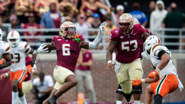 The Florida State Seminoles and the Miami Hurricanes are tied 10-10 at the half on Saturday, Nov. 11, 2023.