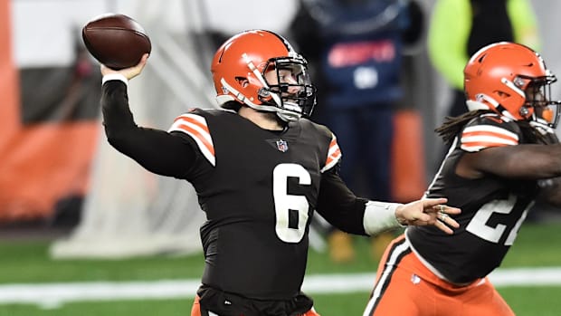 Dec 14, 2020; Cleveland, Ohio, USA; Cleveland Browns quarterback Baker Mayfield (6) throws a pass during the second quarter a