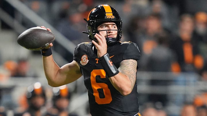 Tennessee quarterback Joey Aguilar (6) pulls back for the throw during an NCAA college football game against Oklahoma on November 1, 2025, in Knoxville, Tenn.