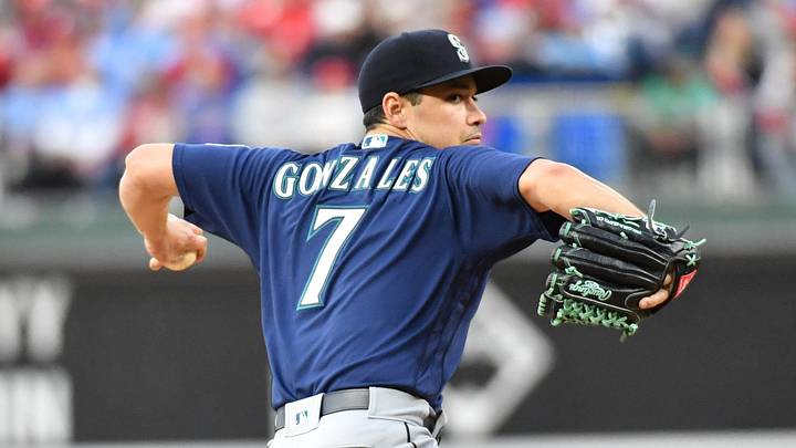 Apr 25, 2023; Philadelphia, Pennsylvania, USA; Seattle Mariners starting pitcher Marco Gonzales (7) throws a pitch during the third inning against the Philadelphia Phillies at Citizens Bank Park. Mandatory Credit: Eric Hartline-Imagn Images