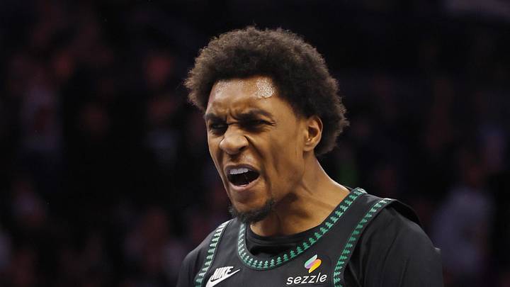 Dec 27, 2025; Minneapolis, Minnesota, USA; Minnesota Timberwolves forward Jaden McDaniels (3) celebrates his dunk against the Brooklyn Nets in the first quarter at Target Center. Mandatory Credit: Bruce Kluckhohn-Imagn Images
