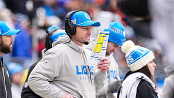 Detroit Lions offensive coordinator Ben Johnson watches a play against the Chicago Bears during the first half at Soldier Field in Chicago on Sunday, Dec. 22, 2024.