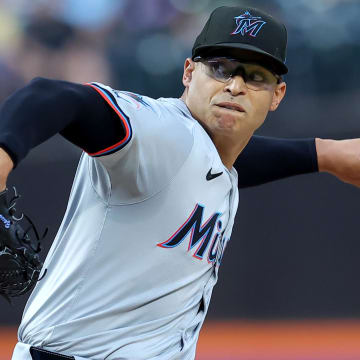 Jun 11, 2024; New York City, New York, USA; Miami Marlins starting pitcher Jesus Luzardo (44) pitches against the New York Mets during the first inning at Citi Field