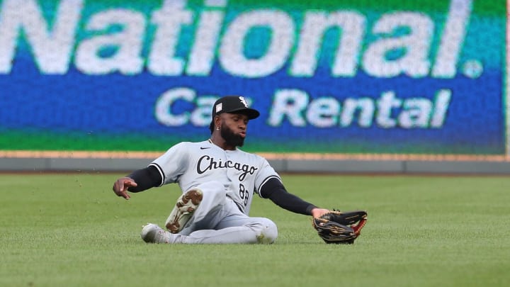 Jul 20, 2024; Kansas City, Missouri, USA; Chicago White Sox outfielder Luis Robert Jr. (88) makes a catch against the Kansas City Royals during the fourth inning at Kauffman Stadium.