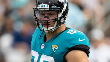 Dec 19, 2021; Jacksonville, Florida, USA; Jacksonville Jaguars defensive end Taven Bryan (93) reacts after a play during the first half against the Houston Texans at TIAA Bank Field. Mandatory Credit: Matt Pendleton-Imagn Images