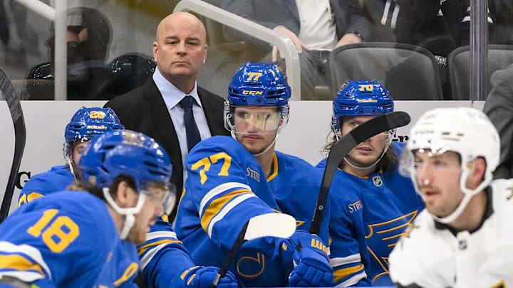 Nov 15, 2025; St. Louis, Missouri, USA; St. Louis Blues head coach Jim Montgomery looks on during the third period against the Vegas Golden Knights at Enterprise Center. Mandatory Credit: Jeff Curry-Imagn Images