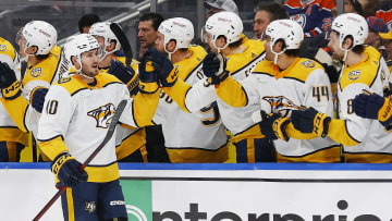 Jan 27, 2024; Edmonton, Alberta, CAN; The Nashville Predators celebrate a goal scored by forward