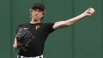 Sep 12, 2023; Pittsburgh, Pennsylvania, USA; Pittsburgh Pirates relief pitcher Ryan Borucki (43) throws in the outfield before the game against the Washington Nationals at PNC Park. Mandatory Credit: Charles LeClaire-USA TODAY Sports