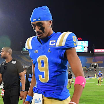 Aug 30, 2025; Pasadena, California, USA; UCLA Bruins quarterback Nico Iamaleava (9) leaves the field following the loss aganst the Utah Utes at Rose Bowl. Mandatory Credit: Gary A. Vasquez-Imagn Images