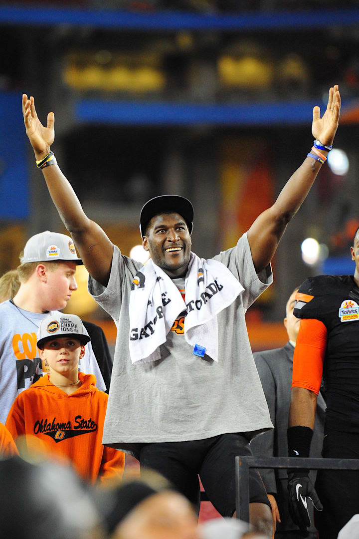 Oklahoma State Cowboys wide receiver Justin Blackmon celebrates a win against the Stanford Cardinal in the Fiesta Bowl.