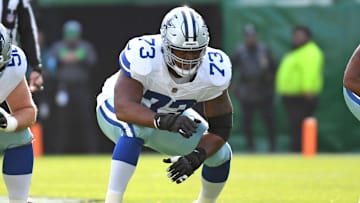 Dec 29, 2024; Philadelphia, Pennsylvania, USA; Dallas Cowboys offensive tackle Tyler Smith (73) against the Philadelphia Eagles at Lincoln Financial Field. Mandatory Credit: Eric Hartline-Imagn Images