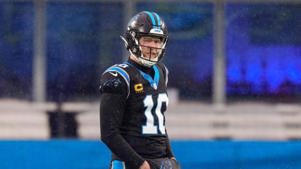 Carolina Panthers punter Johnny Hekker (10) looks on during warm ups. Jim Dedmon-USA TODAY Sports