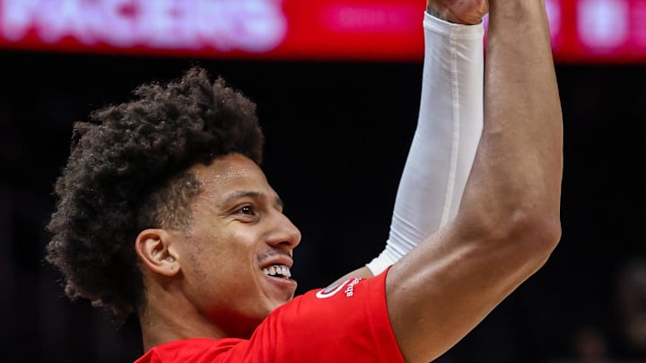 Jan 26, 2026; Atlanta, Georgia, USA; Atlanta Hawks forward Jalen Johnson (1) during warmups before the game against the Indiana Pacers at State Farm Arena. Mandatory Credit: Jordan Godfree-Imagn Images