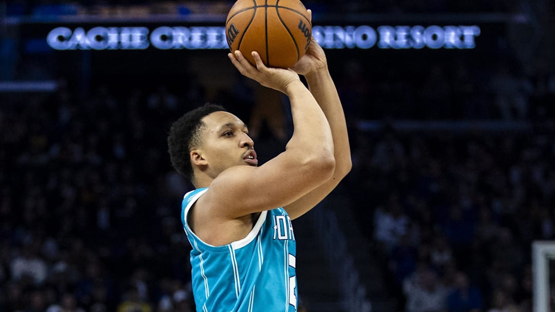 Jan 17, 2026; San Francisco, California, USA; Charlotte Hornets forward Grant Williams (2) takes a three-point shot against the Golden State Warriors during the third quarter at Chase Center. Mandatory Credit: John Hefti-Imagn Images