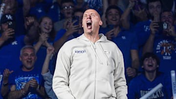 Kentucky Wildcats head coach Mark Pope being introduced at the 2025 Big Blue Madness at Rupp Arena in Lexington, Kentucky Saturday, Oct. 11, 2025.