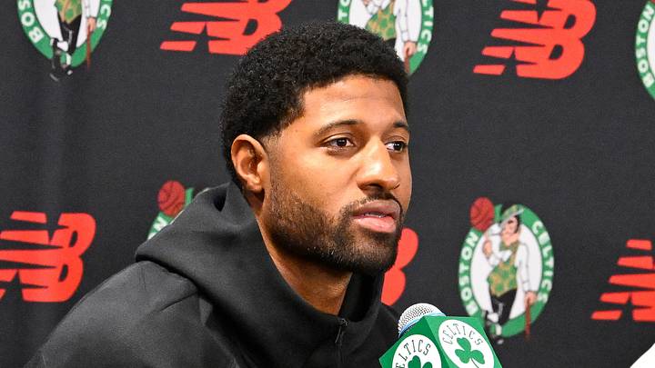 September 15, 2026; Boston, Massachusetts, USA; Boston Celtics forward Paul George (13) speaks during a press conference at The Auerbach Center at Boston Landing. Mandatory Credit: Eric Canha-Imagn Images