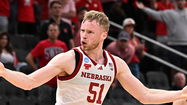 Mar 26, 2026; Houston, TX, USA; Nebraska Cornhuskers forward Rienk Mast (51) reacts in the first half during a Sweet Sixteen game of the South Regional of the men's 2026 NCAA Tournament at Toyota Center. Mandatory Credit: Maria Lysaker-Imagn Images