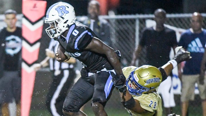 Jaylen Hayward of Rockledge shakes the tackle of Osceola tackler Elijah Melendez doing their game Friday, September 23, 2022. Craig Bailey/FLORIDA TODAY via USA TODAY NETWORK

High School Football Osceola Kowboys At Rockledge Raiders