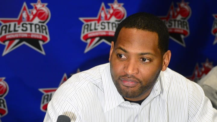 Feb 15, 2013; Houston, TX, USA;  Shooting stars participant Robert Horry speaks to the media during the a press conference for the all star Saturday night participants at the Hilton Americas. Mandatory Credit: Bob Donnan-USA TODAY Sports