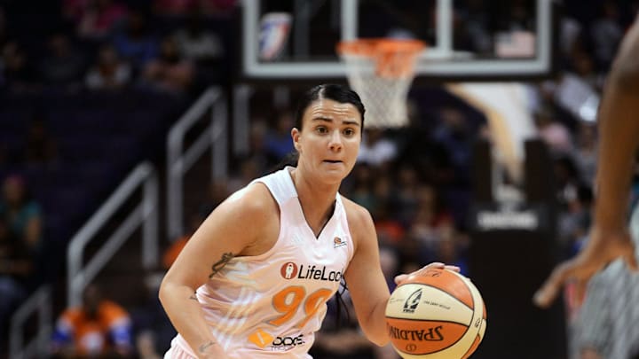 Sep. 21, 2012; Phoenix, AZ, USA; Phoenix Mercury guard Samantha Prahalis (99) handles the ball against the Minnesota Lynx in the first half at US Airways Center. Mandatory Credit: Jennifer Stewart-Imagn Images